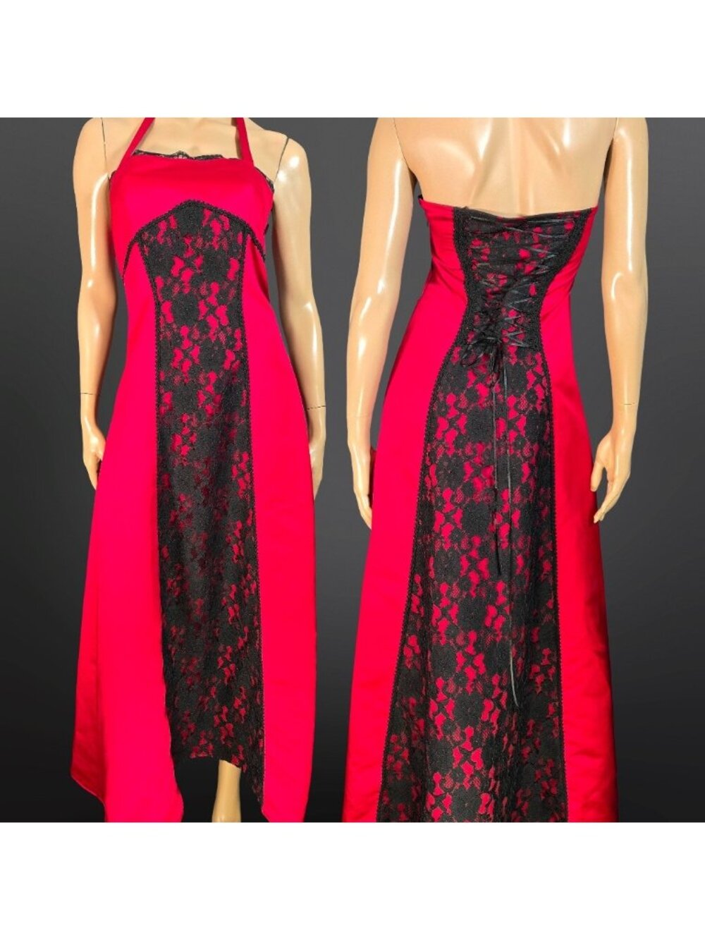 Vintage 90s Y2K Gothic Vampy Prom Dress Red Black Lace Full Length Gown Size XS